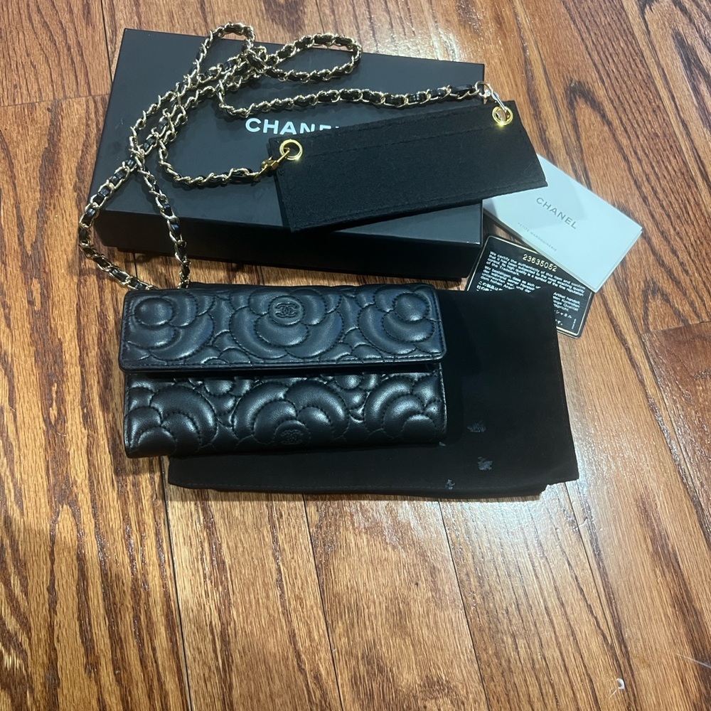 Chanel Black Lambskin  Camellia Flap Wallet on a chain woc bag handbag  purse